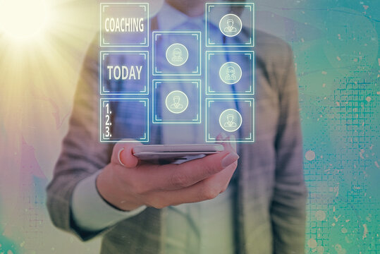 Handwriting text Coaching. Conceptual photo to instruct, direct, or prompt as a coach to subordinates Grids and different set up of the icons latest digital technology concept