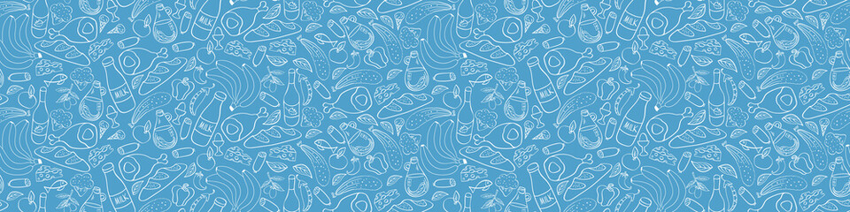 Food hand drawn seamless banner. Cooking ingredients on blue background. Vector illustration.