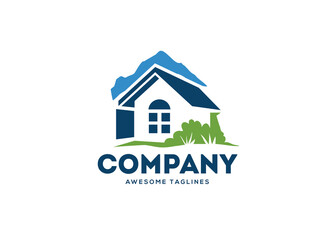 Eco cottage village logo template - emblem with modern countryside landscape silhouette