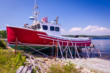 Docked Fishing Boat in the waters of the Atlantic Ocean along the coast of Nova Scotia
