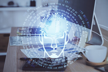 Multi exposure of work space with computer and human brain hologram. Brainstorm concept.