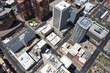 Low level view from helicopter looking at the center of Downtown Phoenix, Arizona