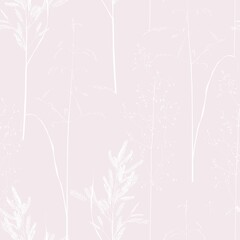 Seamless pattern with wild herbs and grasses.Thin delicate lines silhouettes of different plants. Soft pastel pink colors background.