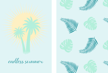Fototapeta na wymiar Vector illustration with cartoon palms, sun and seamless pattern with tropical leaves. For birthday or party invitation and so print design for pajamas, nursery poster.