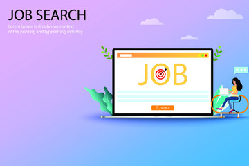 Business concept of job search, businesswoman is searching to find a new job on her laptop, the screen contain big word "JOB" in pastel color background.