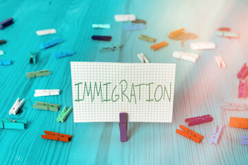 Conceptual hand writing showing Immigration. Concept meaning the action of coming to live...