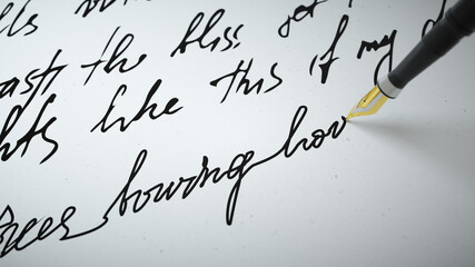 Fototapeta premium 3d render Ink pen writes verse on paper close up