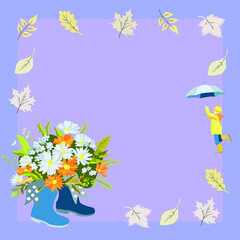 Fototapeta na wymiar Autumn themed illustration with bouquet , foliage and boy under umbrella