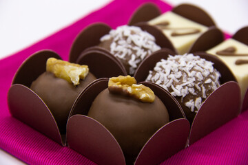 Variety of bonbons, chocolate and coconut, white chocalate and chocolate with chestnut.