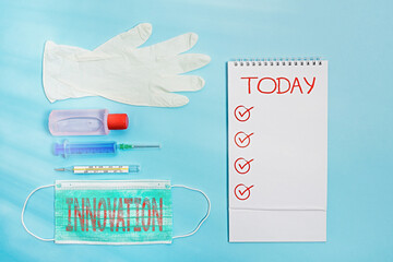 Word writing text Innovation. Business photo showcasing the application of better solutions that meet new requirements Set of medical equipment with notepad for health condition assessment - obrazy, fototapety, plakaty