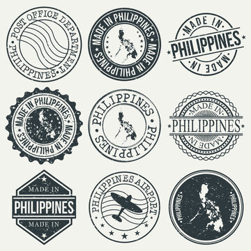 Philippines Set of Stamps. Travel Stamp. Made In Product. Design Seals Old Style Insignia.