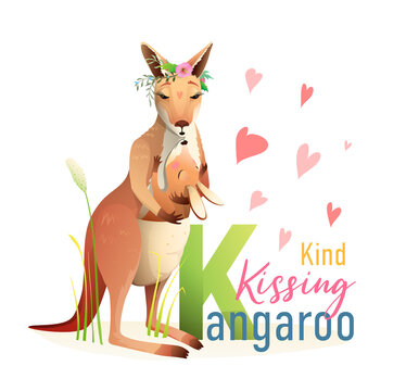 K is for Kangaroo, Animal ABC picture book. Mother and baby in a bag kangaroo character cartoon. Cute zoo animals alphabet picture book, watercolor styled vector design.