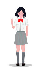 Cute japanese teen girl student in summer uniform with red bow tie drawing in vector