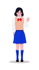 Cute japanese teen girl student in winter uniform with red bow tie drawing in vector