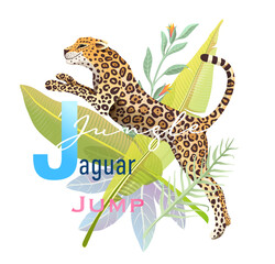 J is for Jumping Jaguar, Animal ABC picture book. Realistic wild Jaguar in Jungle cartoon, kids character design. Wild animal poster or t shirt print design, watercolor styled vector design.