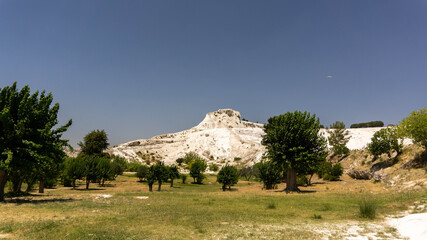 incredibly beautiful snow-white rock in pamukkale, summer