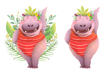 Fun hilarious Happy smiling Hippopotamus cartoon. Funny laughing lady hippo character with teeth posing in jungle greenery. Watrecolor style realistic vector print design.