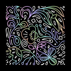 Fantasy Doodle flower background. Gradient iridescent pattern on a black background. Hand-drawn floral ornament, print for fabric, posters, notebooks, book illustrations.