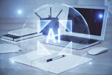 Double exposure of computer and technology theme drawing. Concept of innovation.