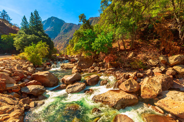 Tributary of Kings river on Kings Canyon National Park scenic view. On Highway 180 in California, United States of America. Located in southern Sierra Nevada, bordered by Sequoia National Park.