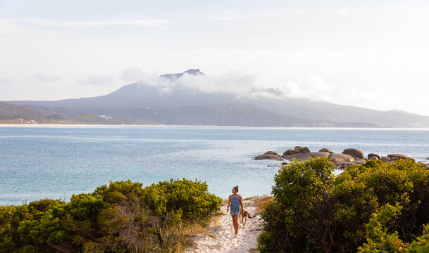 woman and dog walking on beach access path with clould-covered Mount Manypeaks in background