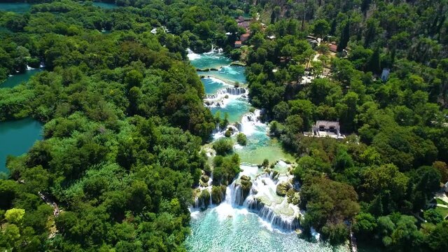 Aerial view of Krka waterfalls in national park in Croatia. Turquoise cascade in Europe. Famous places of world heritage to visit. 