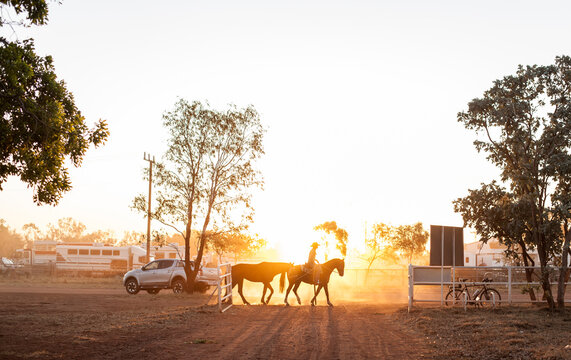 Side view of cowboy riding horse
