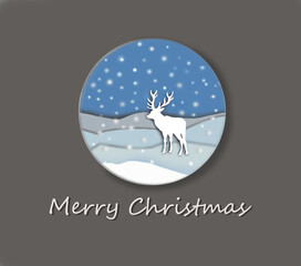 Rectangular illustration with round 3D design with a white stage in front of a winter snowy landscape with the message "Merry Christmas"