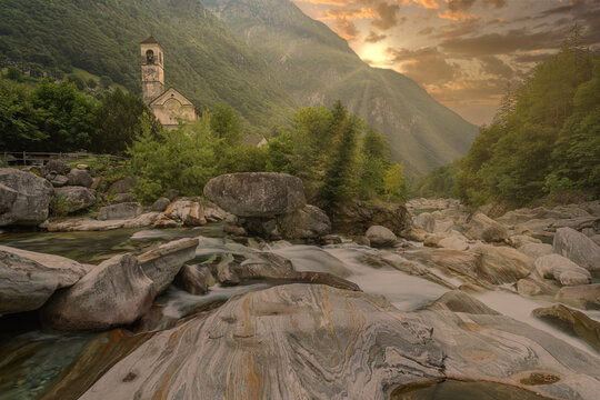 Crystal clear mountain river in the mountains, Switzerland, canton ticino (tessin), Verzascatal (Valle Verzasca).