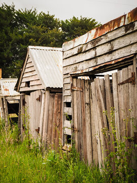 Rustic timber sheds with long grass