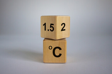 Symbol for limiting global warming. Turned a cube and changed the expression '2 C' to '1.5 C', or vice versa. Concept. Beautiful white background, copy space.