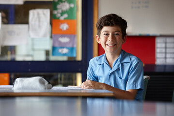 Happy young school boy in classroom