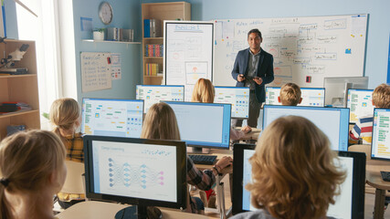 Elementary School Computer Science Class: Teacher Uses Digital Tablet, Explains Lesson to Diverse Group of Smart Children. Kids getting Modern Education, Learn Internet Safety, Software Programming