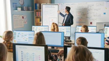 Elementary School Class: Teacher Uses Interactive Digital Whiteboard, Explains Lesson to Diverse...