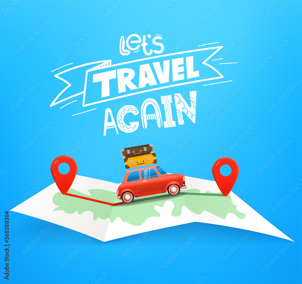 Poster travel by car vector concept with map