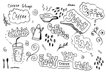 Cute doodle coffee shop icons. Vector outline coffee and tea drawings for cafe menu.