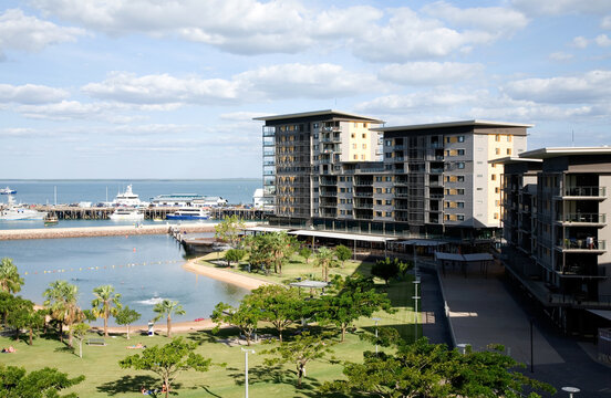 View of waterfront apartments and parkland surrounding Darwin harbour and lagoon