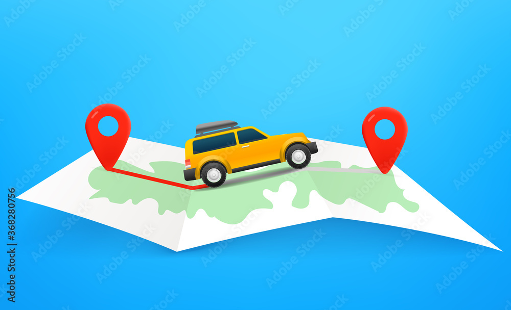 Poster travel by car vector concept with map