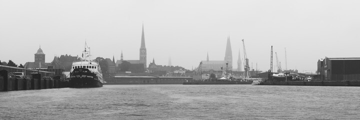 Harbor skyline of Lübeck Black and White