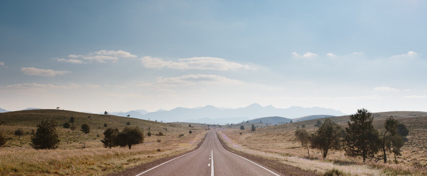 A straight sealed road leading to the Flinders Ranges