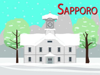 sapporo city clock tower in winter with snowfall drawing in vector
