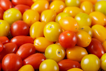 Multicolored mixed cherry tomatoes  on the table. Vegetables background