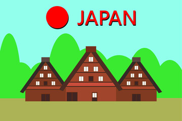 Japan village - symbols of Japan draw in cartoon vector