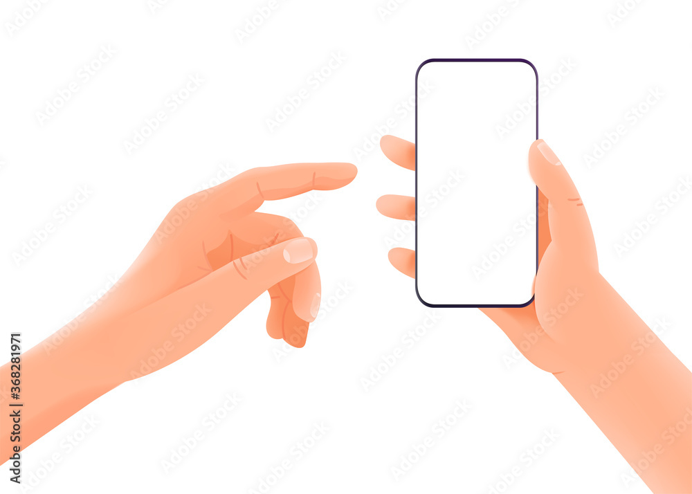 Poster smartphone in hands vector mockup isolated on white background. layered editable vector clipart