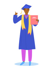 Black man character complete secondary school, graduation student standing get diploma isolated on white, flat vector illustration. Male in graduate hat gown, student deliver speech.