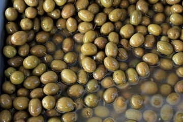 Greece, Athens, July 27 2020 - Stalls with olives at street market.