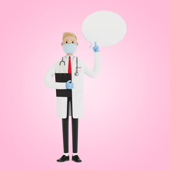 The male doctor raised his finger up to give advice or advice. Doctor with speech bubble. 3D illustration in cartoon style.
