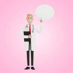 The male doctor raised his finger up to give advice or advice. Doctor with speech bubble. 3D illustration in cartoon style.