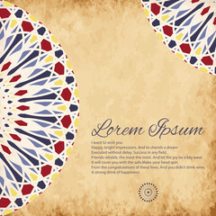 Mandala design for book cover with paper background. Card or invitation. Vintage decorative elements. Islam, Arabic, Indian, ottoman motifs.