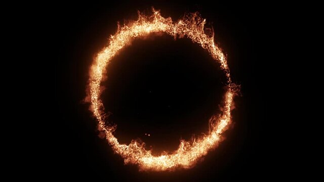 HOT OFFER. Burning abstract seamless looped circle animated frame on black background. Dynamic fire line border animation. Text box template, BBQ party menu. Summer night sale design. Ad cool banner 